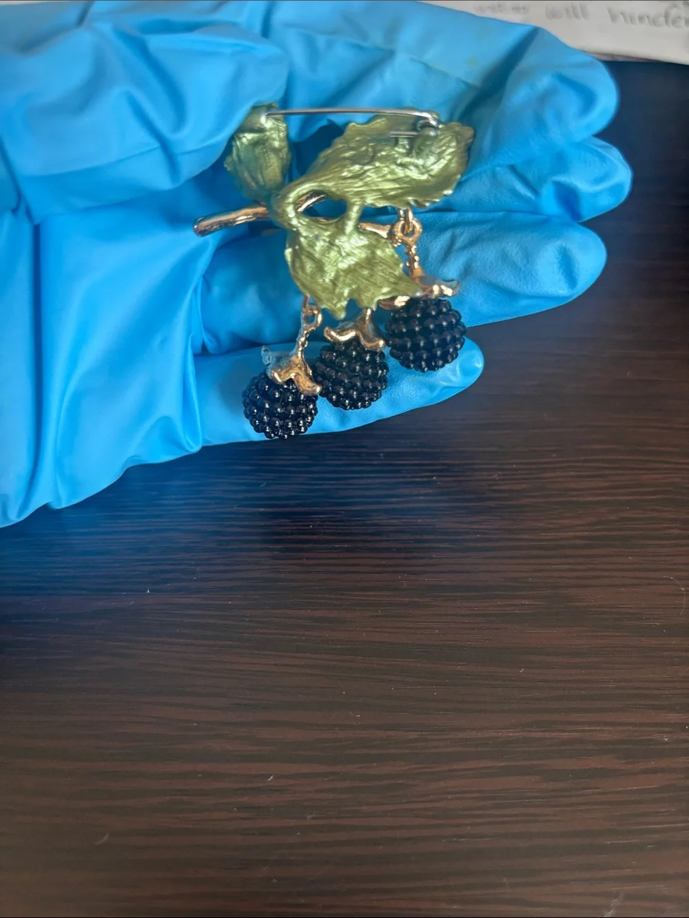 Gold-Tone Blackberry Branch Brooch with Black Bead Berries